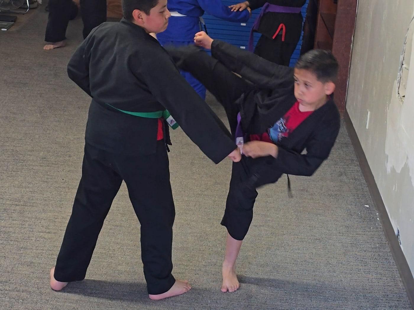 Youth student in a purple belt landing a side kick during sparring practice at the Indio dojo